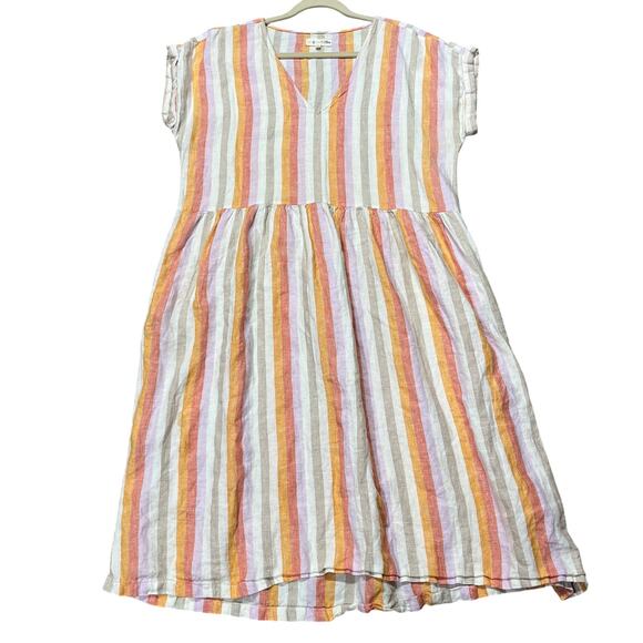 Lou & Grey for Loft Linen Dress Stripe V-Neck Lagenlook Drop Waist Size Large - Picture 1 of 6